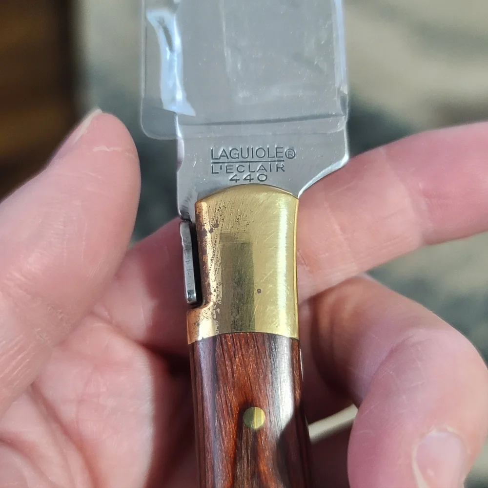 Laguiole 440 Carving Knife and Fork Set with Brown Wood Handles and Brass